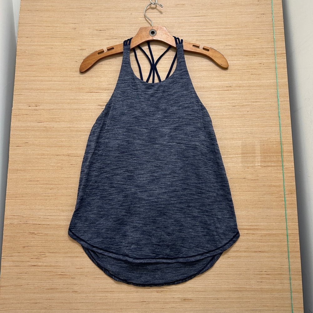 Lululemon Strappy Racerback Tank Top Heathered Navy Blue Built-in Bra High Neck